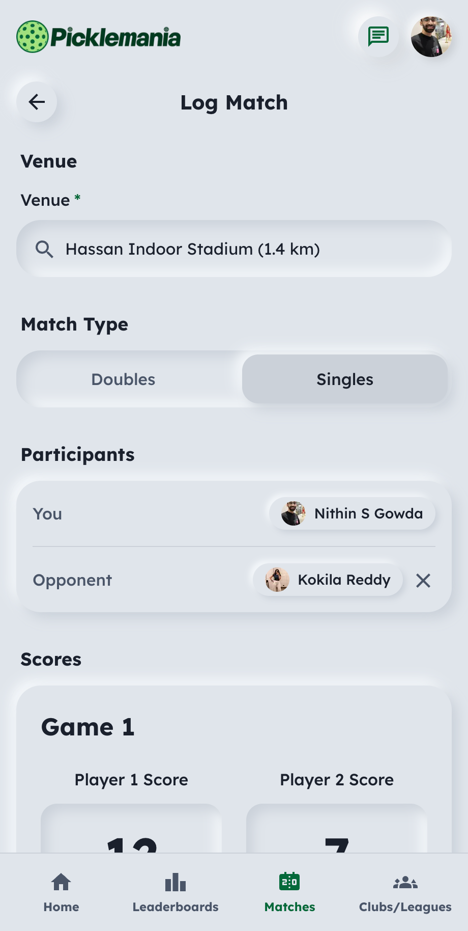 Match logging screen showing score entry and opponent selection